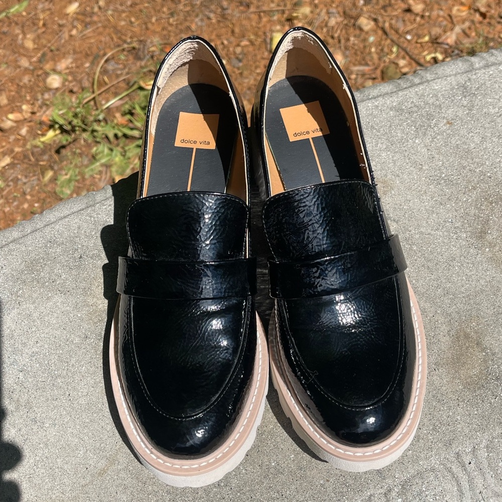 Dolce Vita Black Patent Penny Loafers with Light Tan Platform